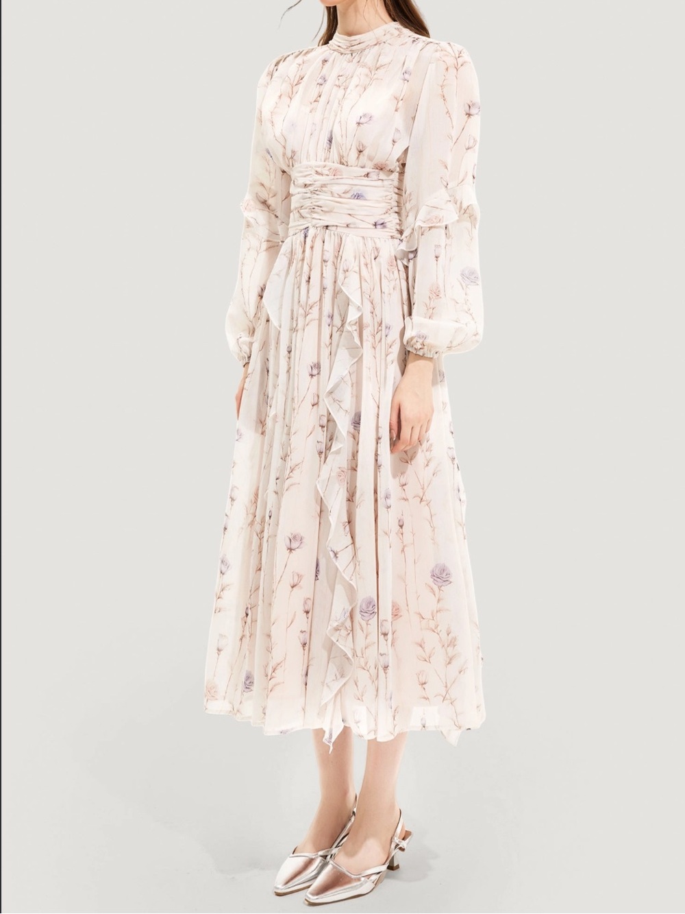 NWT JARDINVUE Floral Round Neck Puff Sleeve Midi Dress SIZE S
